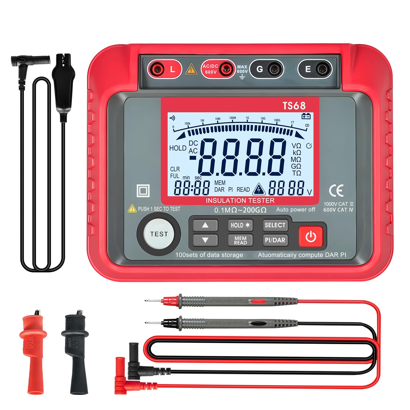 Digitaler Isolationswiderstandstester, Isolationsmesser 2000 zählt 250V/500V/1000V/2000V/2500V Testspannung, Isolationswiderstand 200GΩ, AC/DC Spannung, 100 Datenhaltung und Hochspannungsanzeige
