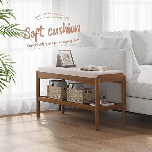 Miniatura 3 de STDDRE Banco de zapatos de entrada de bambú de 2 niveles con cojín de asiento acolchado, banco de zapatos, organizador estable para entrada,