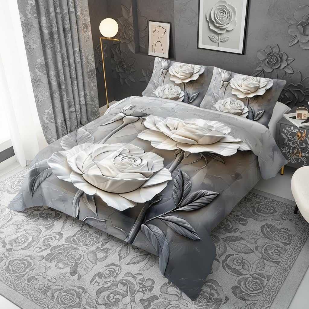 QOOMO Flowers Comforter Set, Gray, Queen Size