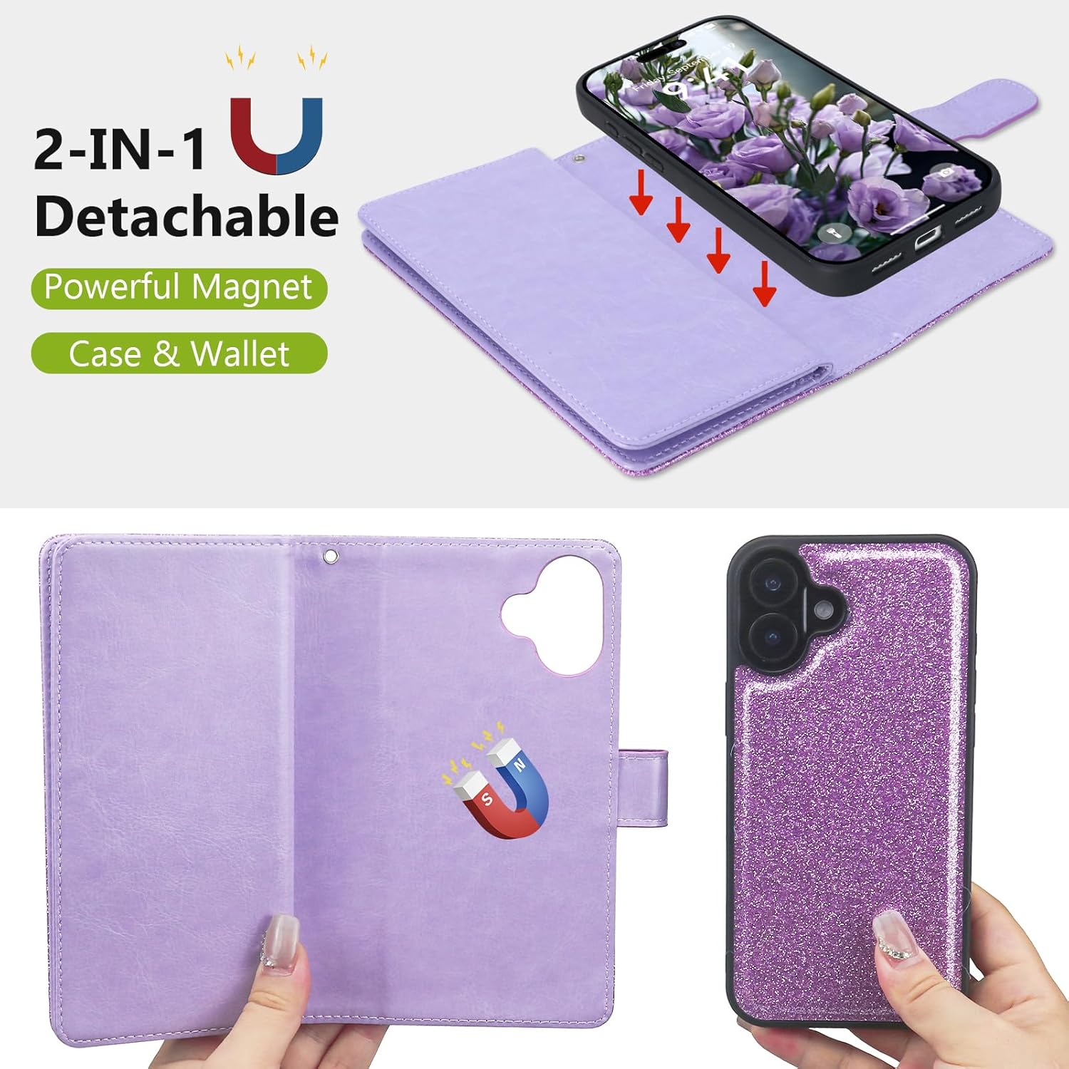Varikke for iPhone 17 Wallet Case Detachable with RFID Blocking Card Holder for Women, Glitter PU Leather Wrist Strap Strong Magnetic Flip Removable Phone Case Cover for iPhone 17 6.3", Light Purple - Image 4