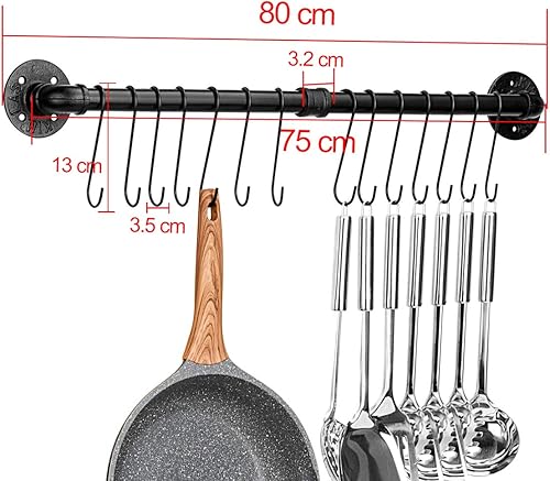 Miniatura 2 de Toplife Estante para ollas de 31.5 pulgadas, montaje en la pared de la cocina, tapa desmontable, organizador de utensilios con 14 ganchos, color