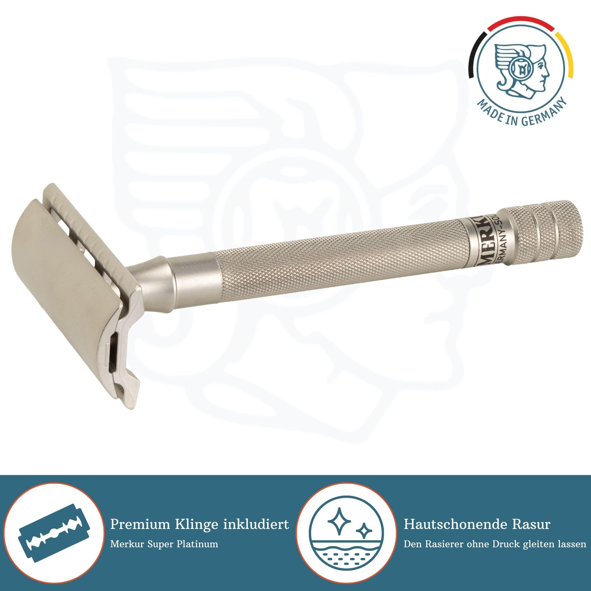 MERKUR Edelstahl Rasierhobel 23 INOX | Seidenmatt | Dreiteiliger Premium Rasierer mit geradem Schnitt | Geschlossener Kamm | Ideal für Nassrasur | Made in Germany
