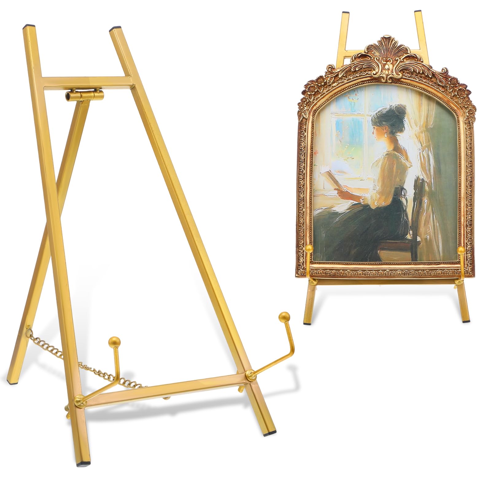 View 1 of 16.5" Gold Metal Easel Stand, Tabletop Tripod Easel Display Holder for Wedding Signs, Pictures, Plates, Art, and Books (1 Pcs)
