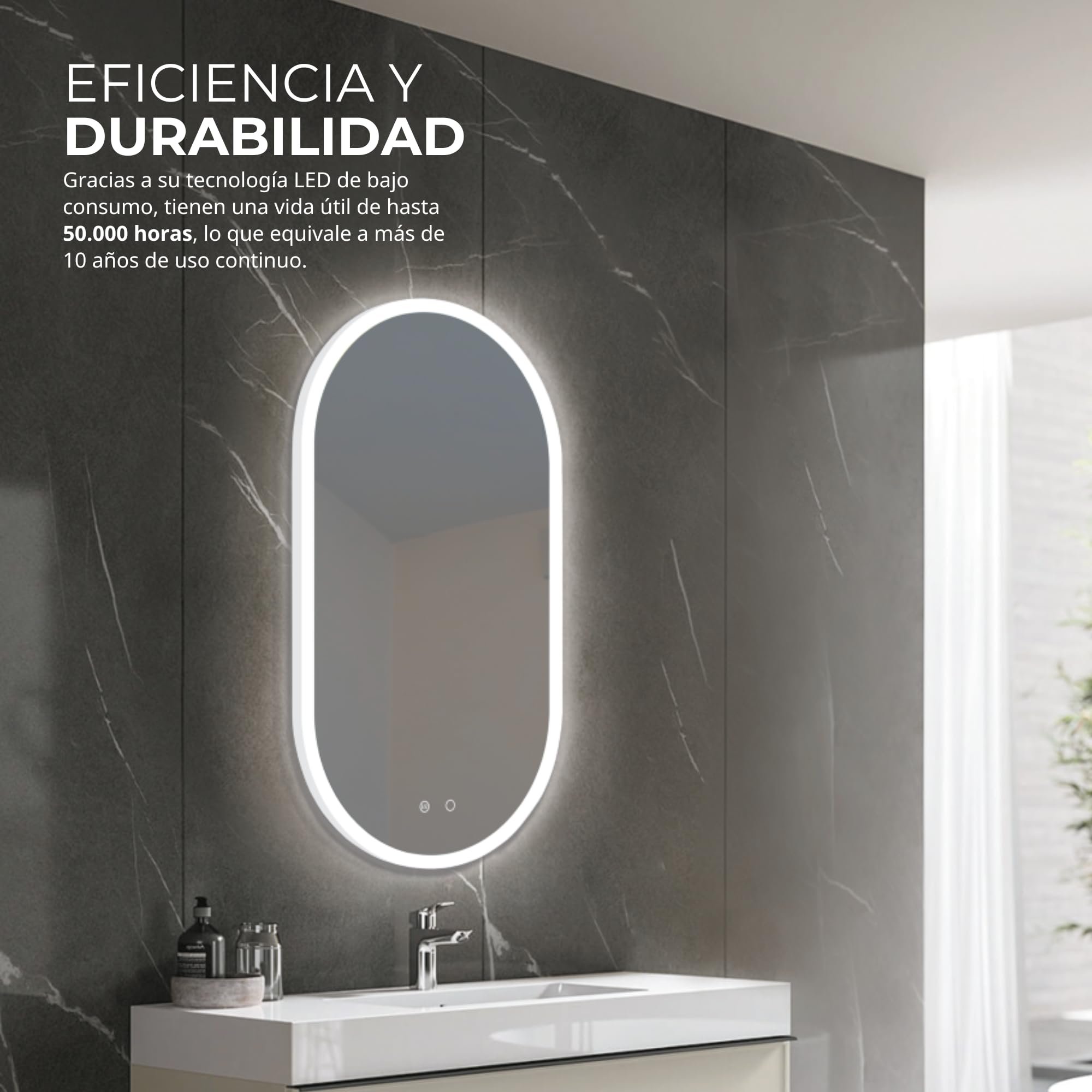 NOLUXA LEDIMEX - Espejo 50x90cm Baño con Luz LED y Antivaho | Espejo Inteligente con Luz Fría 6500k | Ovalado con Marco Acrílico Iluminado y Sensores ON/Off | Serie Canada