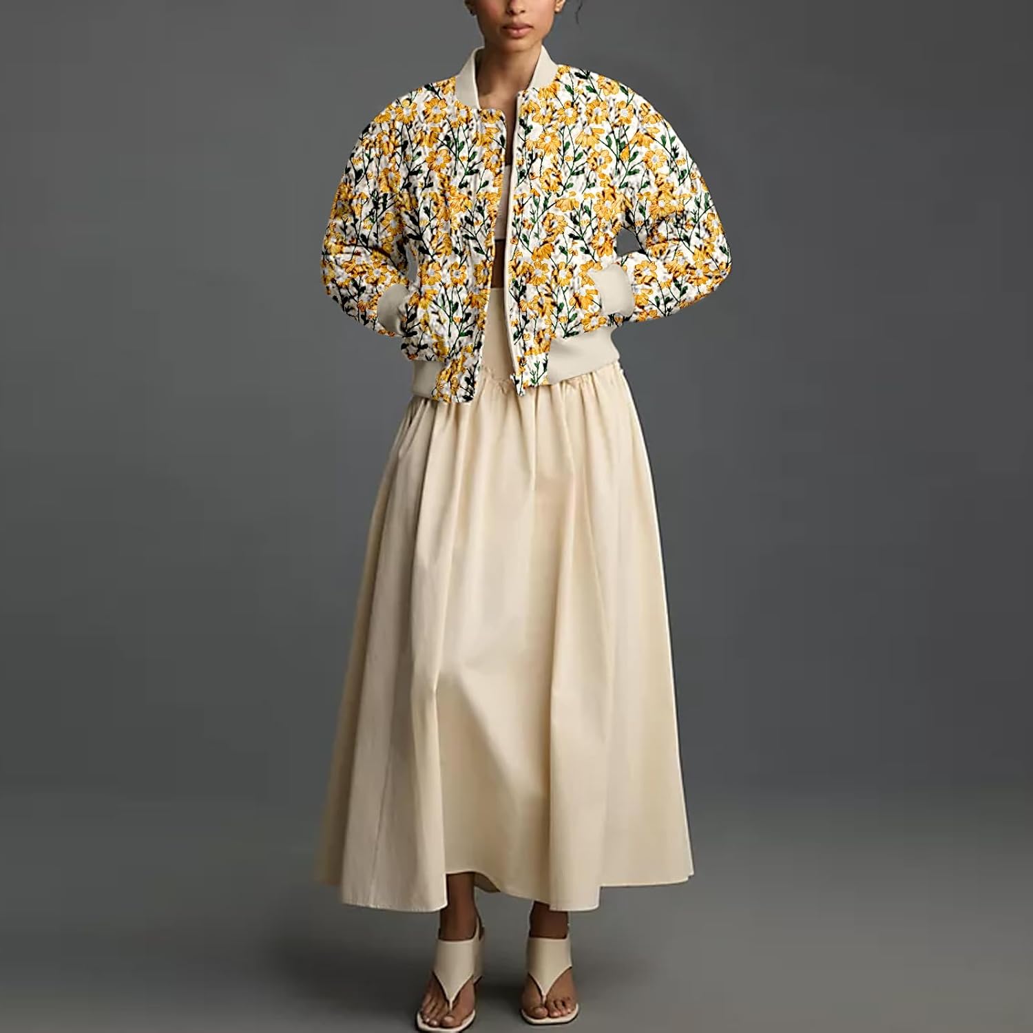 Shiyifa Women's Embroidered Daisy Cropped Bomber Jacket Long Sleeve Quilted Puffer Jackets Padded Coat Outerwear - Image 6