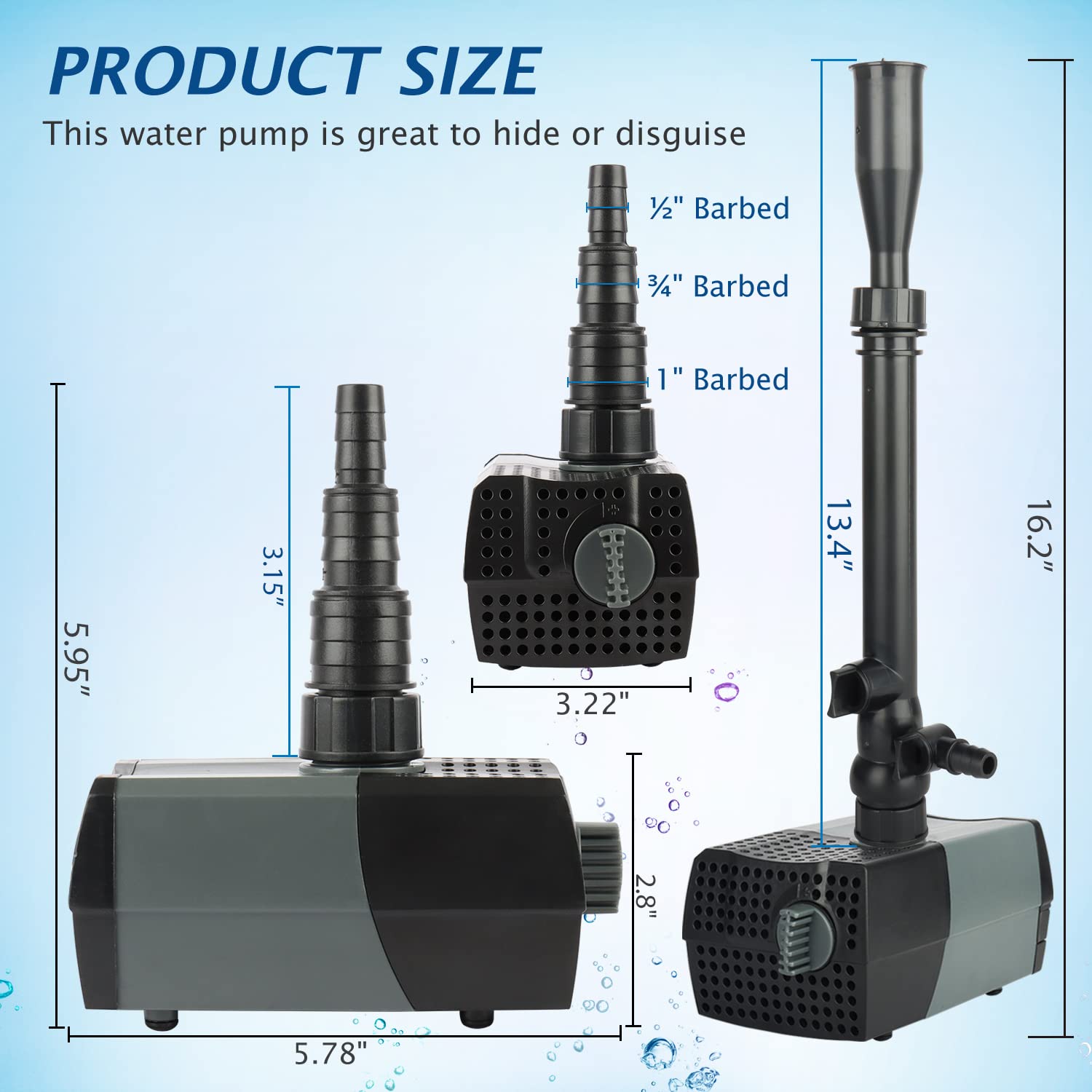 WaterRebirth HSUP-2100F - Bomba de agua sumergible con chorros de fuente - Bomba de estanque - Bomba de acuario - Bomba de fuente de plástico negro - 555 GPH, 780 L/H, 110 V, electrónica, exterior