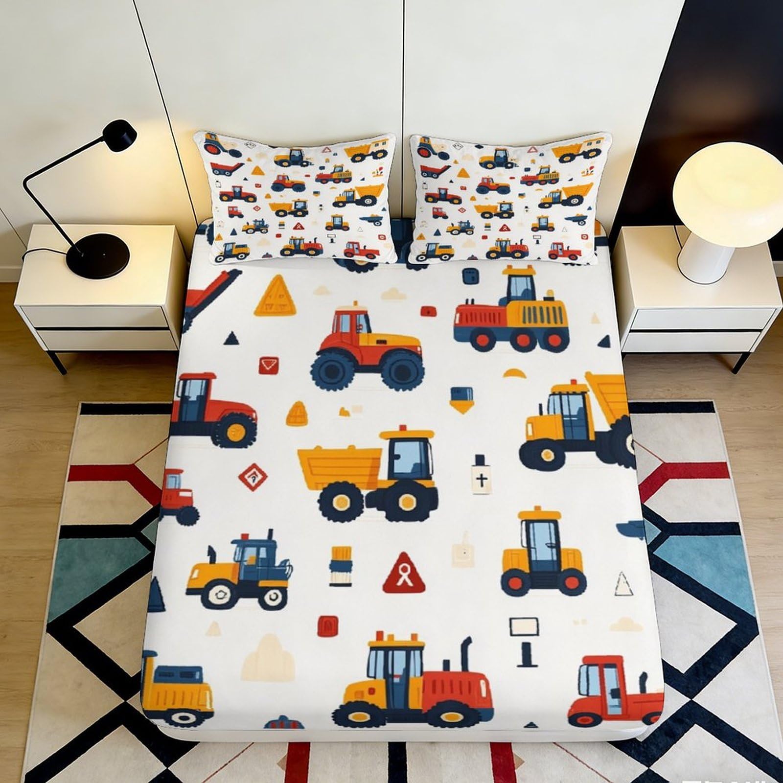3D Printed Construction Trucks Fitted Sheet Microfiber Cartoon Vehicles Bed Cover for Kids Teens Bedroom Dorm Decor 90x200x25cm