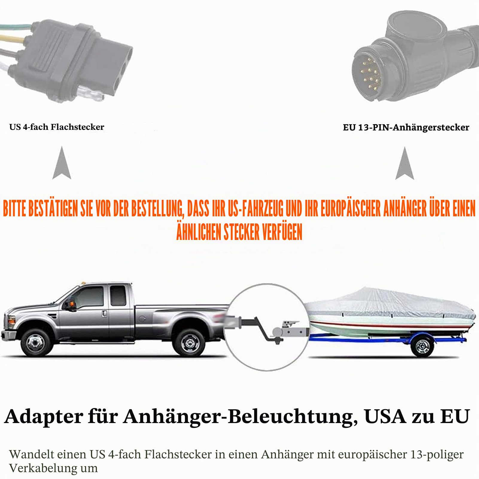 Anhänger-Verkabelungsadapter, Anhänger-Anschluss 4-poliger US-Flachstecker auf 13-poligen Tragbaren EU-Anhänger-Lichtstromkreis-Verkabelungskonverter Teile für Anhängerwinden