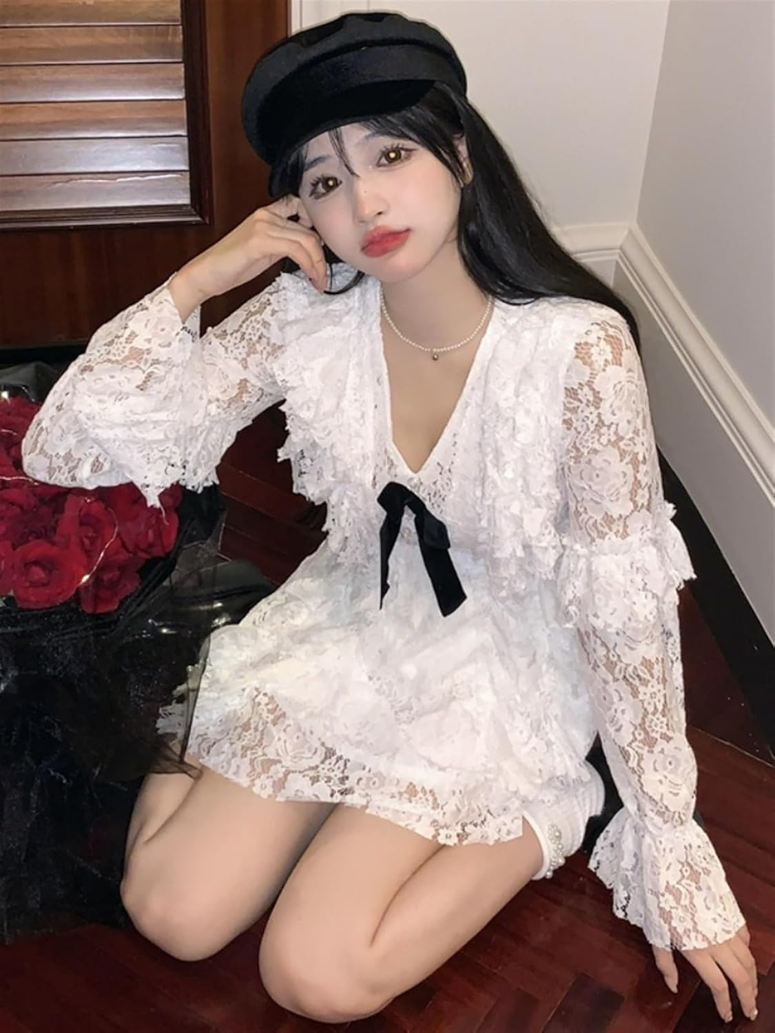 Elegant Fairy Dress Women Japanese Sweet Princess Lace Party Dress Beach Evening Y2k Mini Dress (Color : White, Size : X-Large)