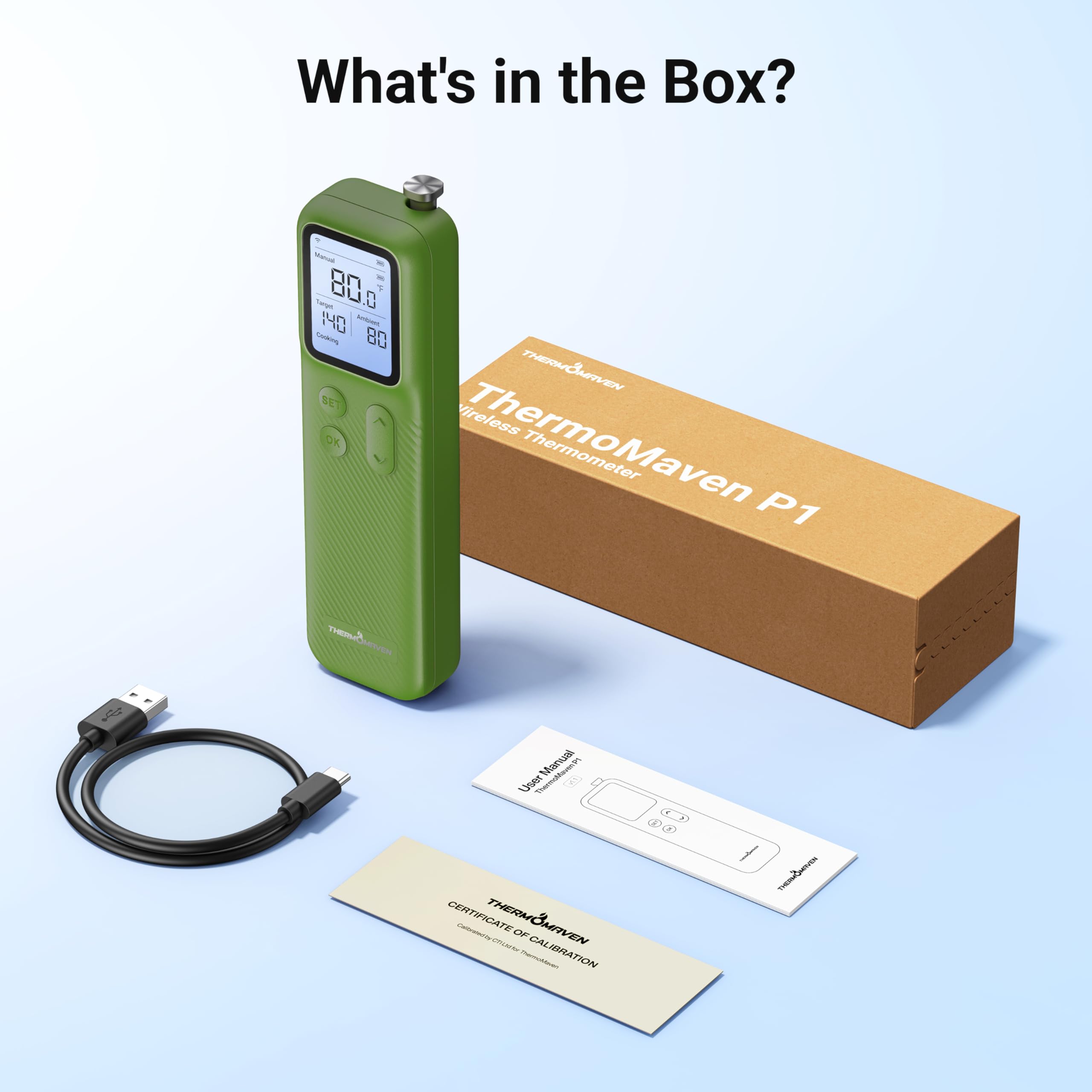 ThermoMaven Smartes Bluetooth Fleischthermometer Kabellos, Basisstation, WLAN Unbegrenzte Reichweite, NIST-zertifizierte Genauigkeit, App Warnungen, Für Grill, Ofen, Smoker, BBQ (Avocado-Grün)