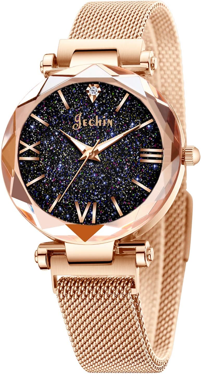Jechin Fashion Women's Magnetic Buckle Bright Stars Sky Wristwatch Mesh Belt Rose Gold Quartz Bracelet Watch