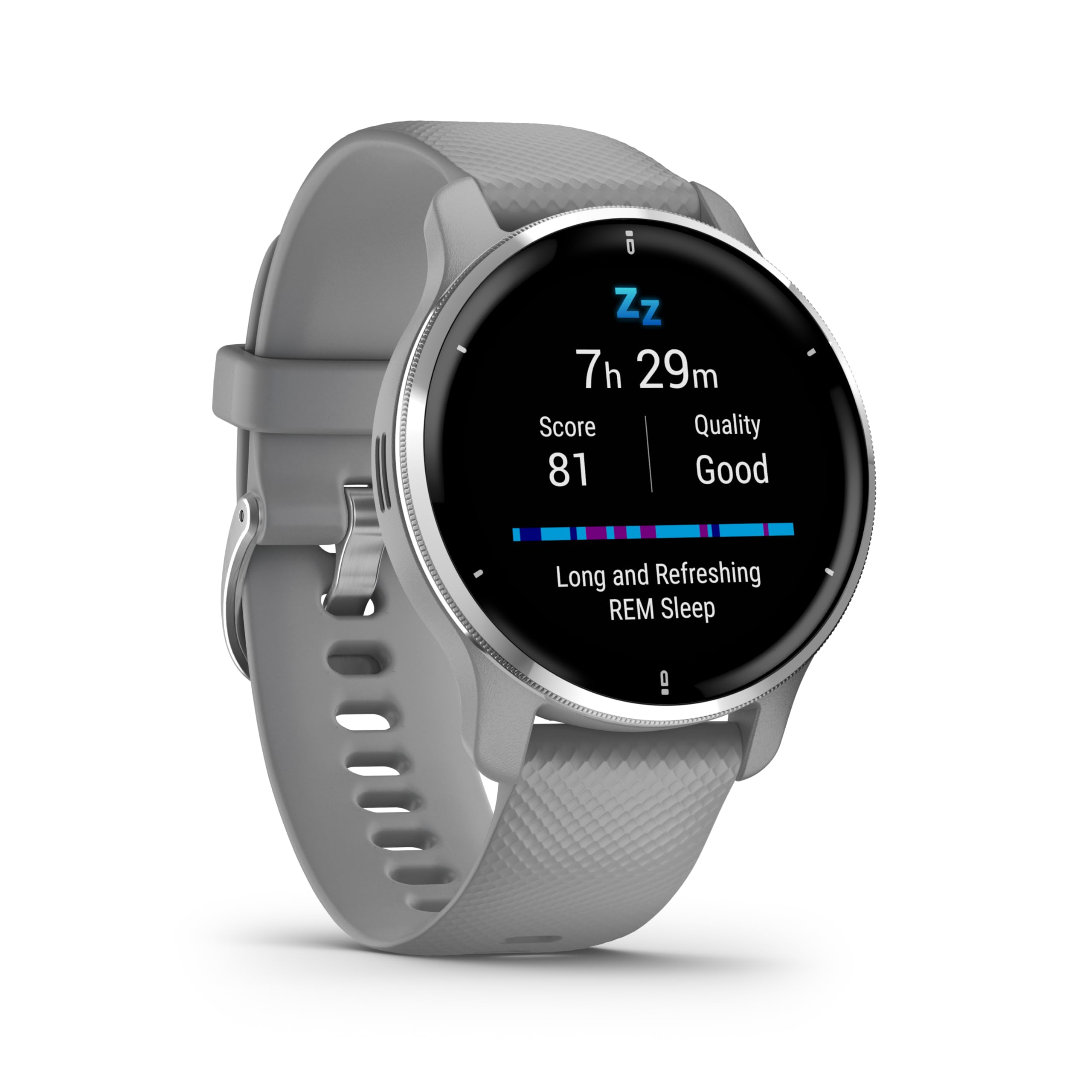 Garmin Venu 2 Plus - Montre connectée GPS Multisports avec appels Via Bluetooth & Suivi santé - Silver avec Bracelet Silicone Gris - Boîtier 43 mm