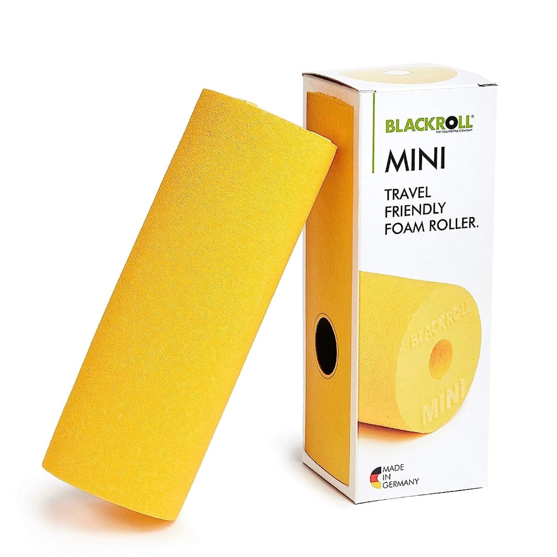 BLACKROLL® MINI Faszienrolle (15 x 5 cm), kleine Fitness-Rolle für die Selbstmassage, handliche Massagerolle für unterwegs, im Büro oder Fitnessstudio, mittlere Härte, Made in Germany, Gelb