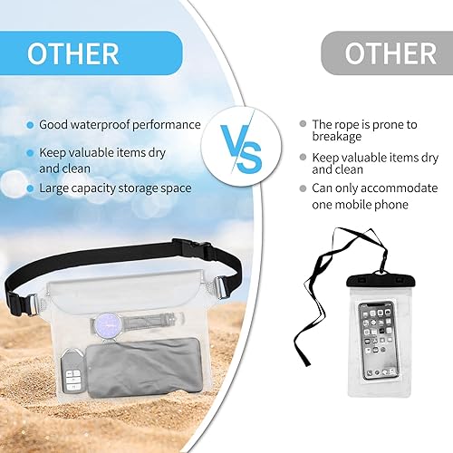 Miniatura 6 de Paquete de 2 bolsas impermeables con correa para la cintura, riñonera impermeable para natación, kayak, navegación, surf, Blanco, Sencillo