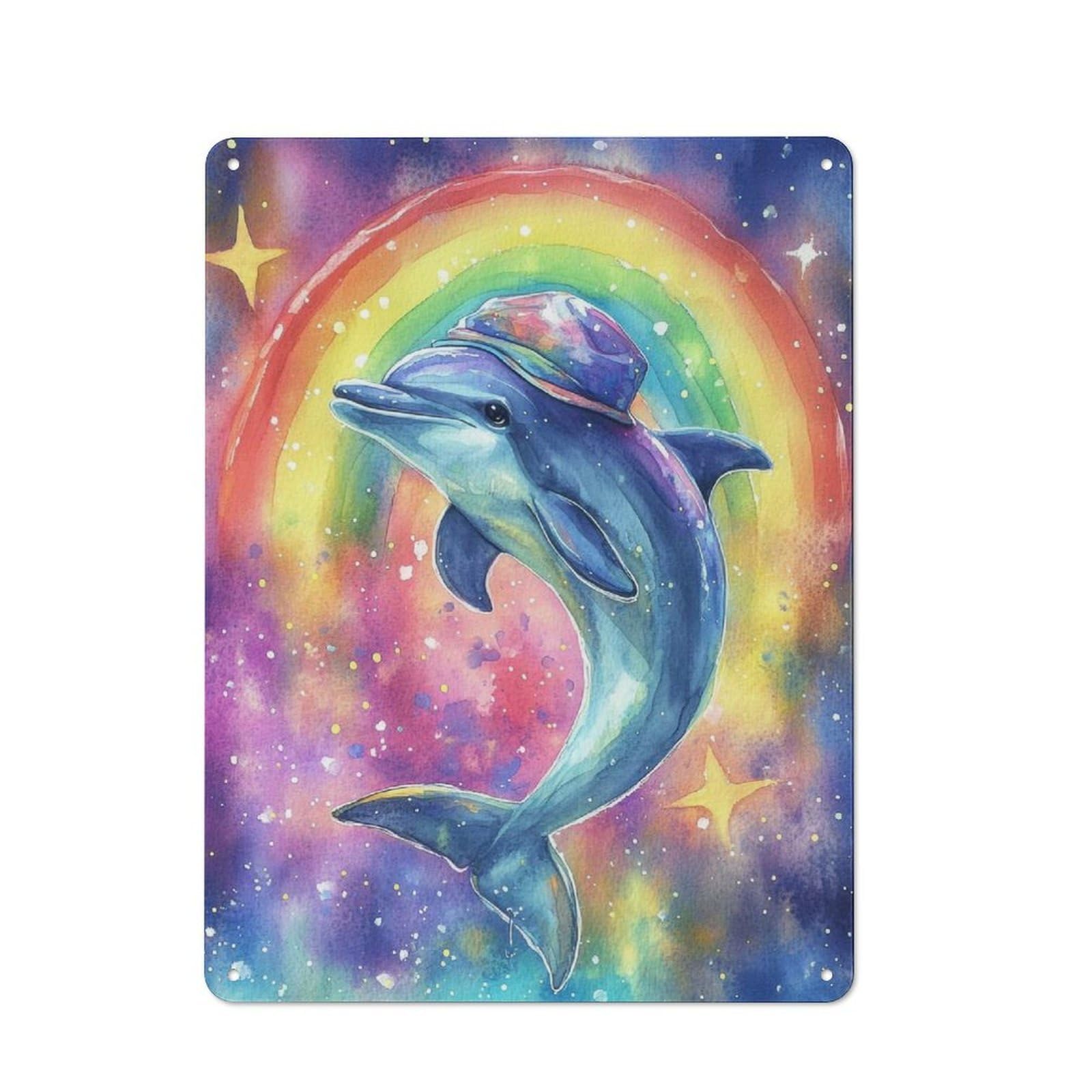 Rainbow Dolphin Watercolor Rustic Tin Sign 40x30cm for Café Or Restaurant, for Café Owners And Decorators, for Retro Home Interiors
