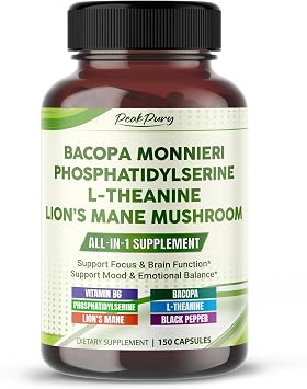 Bacopa, Phosphatidylserine, L-Theanine & Lions Mane All-in-1 Supplement for Focus, Brain Function & Emotional Balance Support 150 Capsules