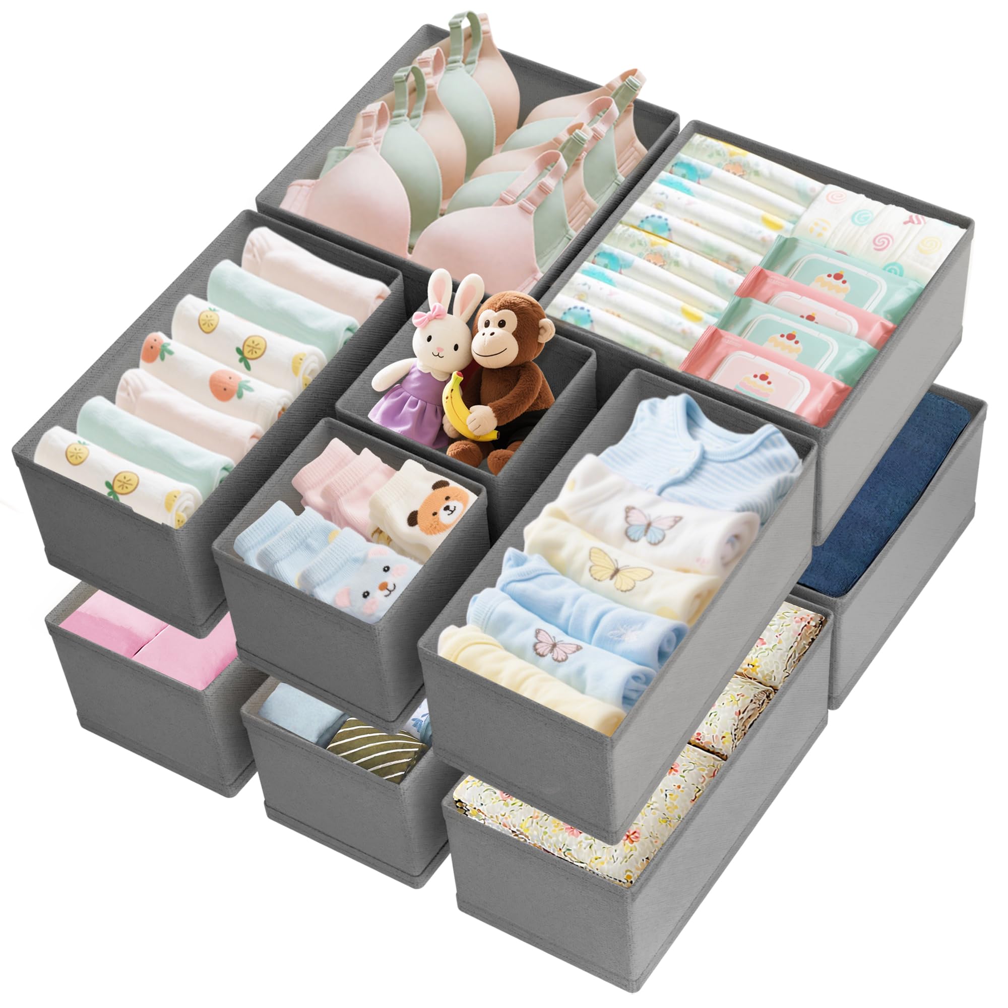 Organizador de cajones de ropa, paquete de 12, organizadores de armario para ropa de bebé, ropa interior, color gris