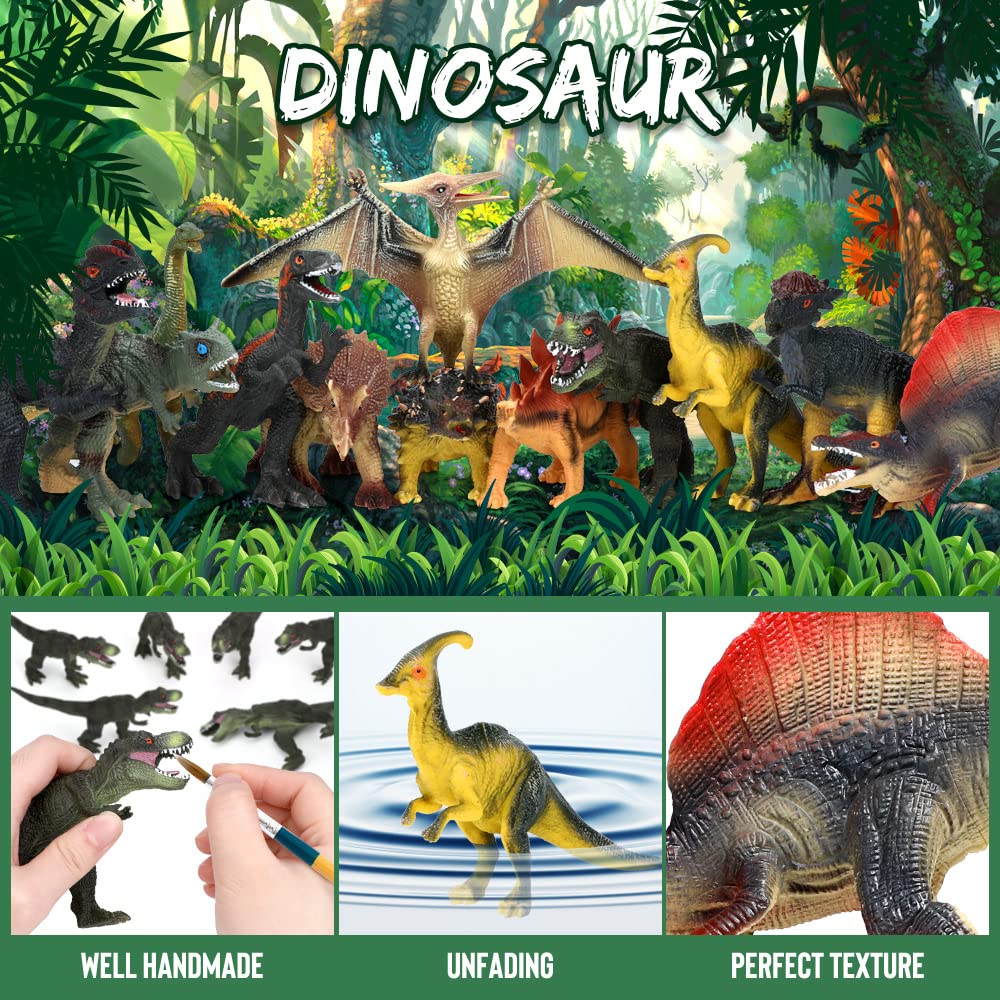 FRUSE Dinosaurier Spielzeug Set, 12 Stück Realistisches Figuren Spielset einschließlich T-Rex, Carnotaurus,Aufbewahrungsbox,Dino Buch,Dinosaurier Pädagogisches ab 3 4 5 6 7 8 Jahre