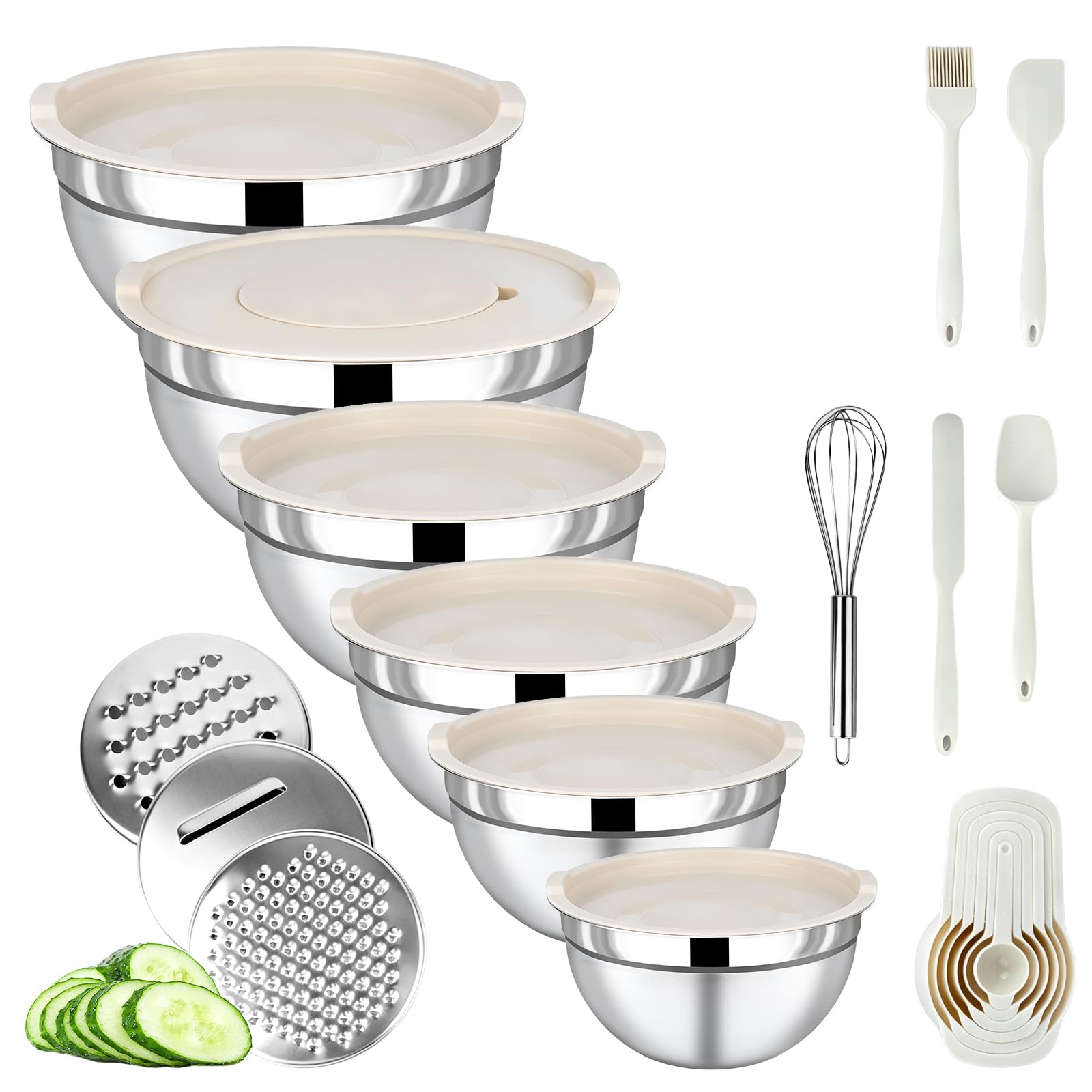 BEWOS 16-Stück Rührschüssel Set mit Deckel - Edelstahl-Rührschüssel, Nistend Design & Spülmaschinenfest, inkl. Reiben, Größen 0,7/1,1/1,5/2,1/3,5/4,0/4,5 QT zum Mischen und Servieren