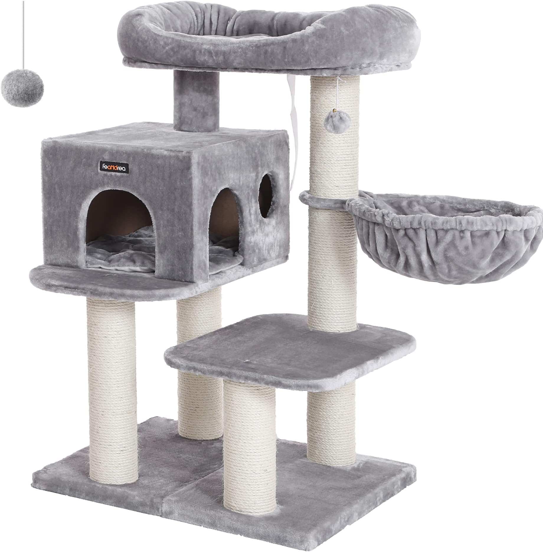 FEANDREA Cat Tree, Cat Tower with XXL Plush Perch, Basket Lounger Cat Condo with Adjustable Units, Cat Toys, Extra Thick Posts Completely Wrapped in Sisal, Light Gray UPCT01W