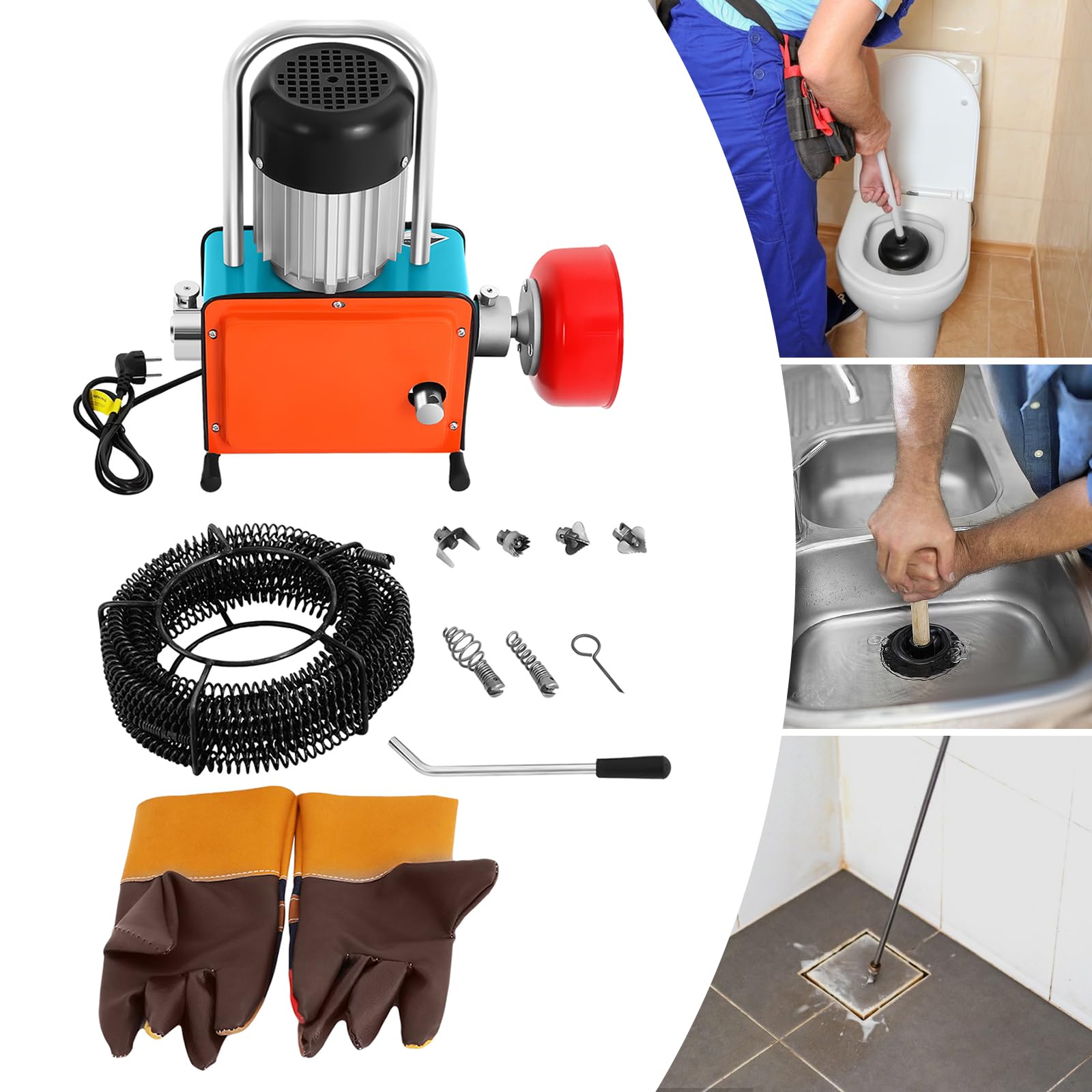 Máquina de limpieza de tuberías eléctrica, 1000 W, motor de cobre de 220 V, IP44, máquina de limpieza de canales de 30 m con muelle de 12 m, juego de limpiador de tuberías para tubos de diámetro 20 mm