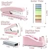 Pink Office Supplies, Pink Desk Accessories, Stapler and Tape Dispenser Set for Women with Stapler, Tape Dispenser, Staple Remover, Staples, Clips, Scissors and Tabs, Gift for