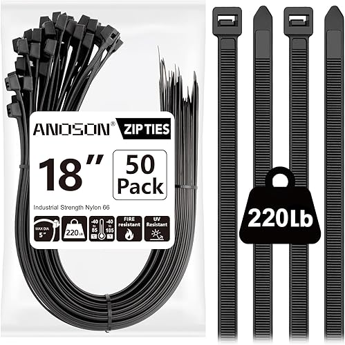 Bridas grandes de 18 pulgadas, paquete de 50 bridas largas resistentes con resistencia a la tracción de 220 libras, bridas grandes, color negro