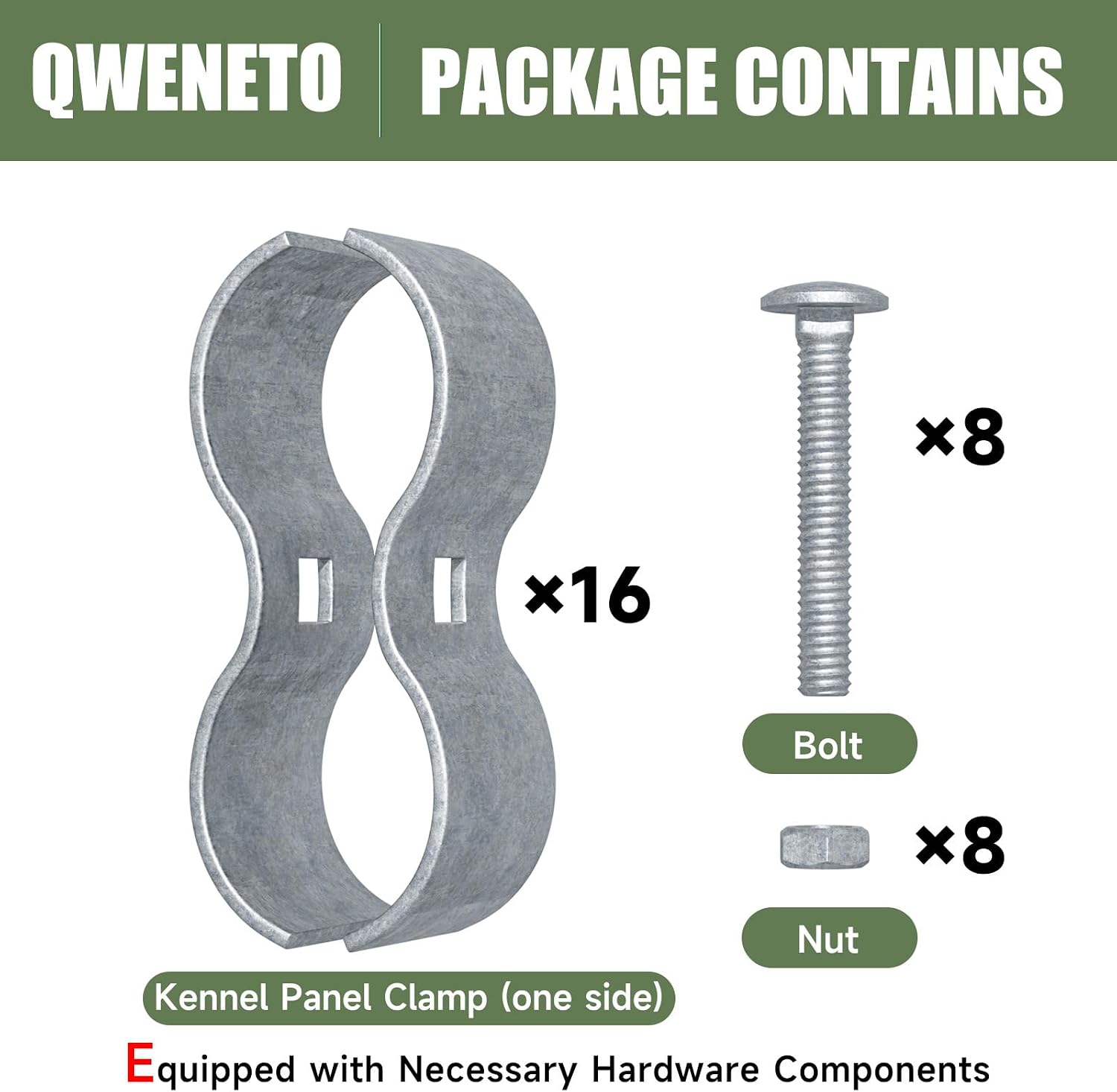 Dog Kennel Clamps for 1-3/8" OD Pipe, 8 Pack Chain Link Fence Panel Clamps, Galvanized Steel, Bolts & Nuts included