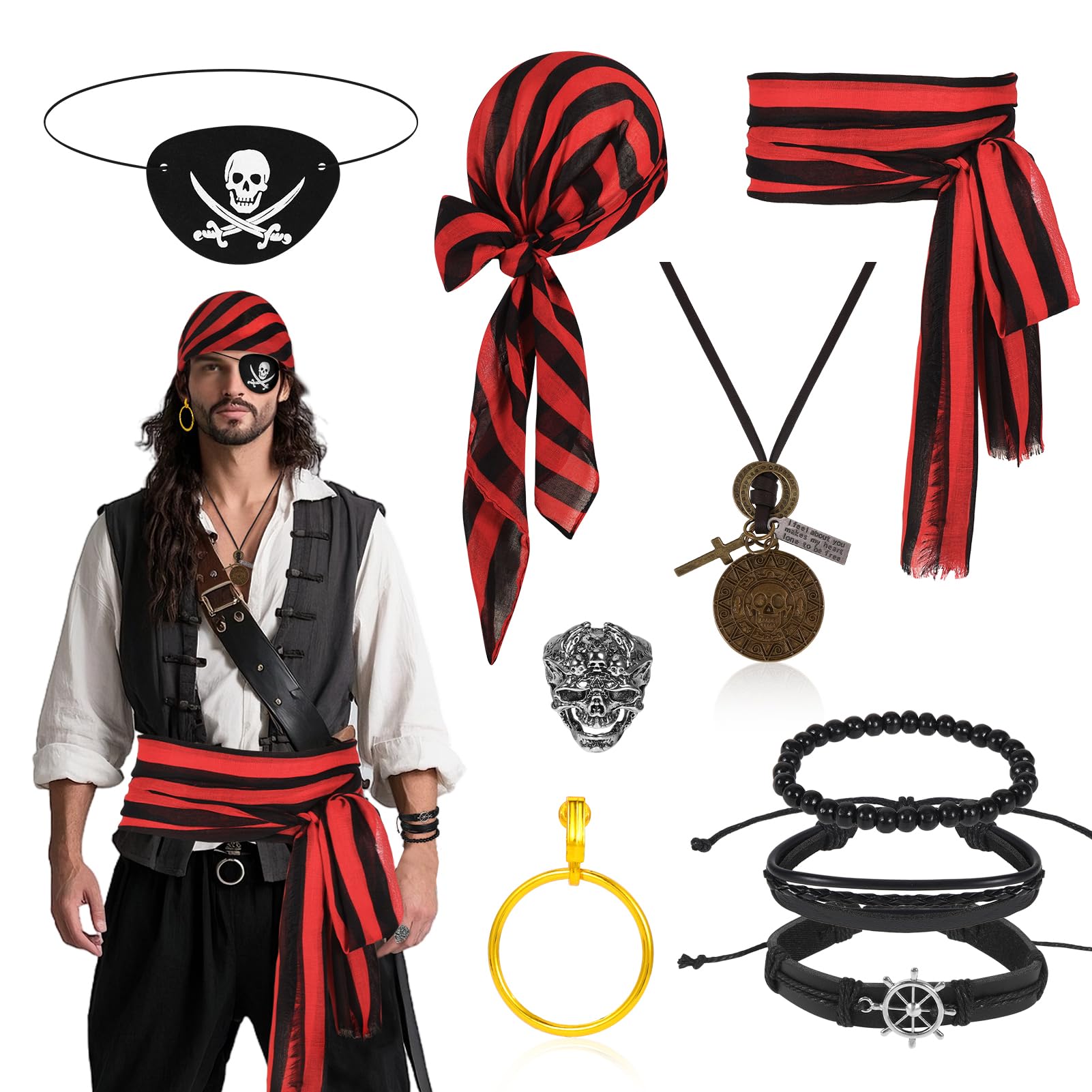 Beipegin Pirate Costume Adult Men Women,Pirate Bandana Captain Medieval Large Sash Eye Patch Necklace Earrings Ring Pirates Fancy Dress