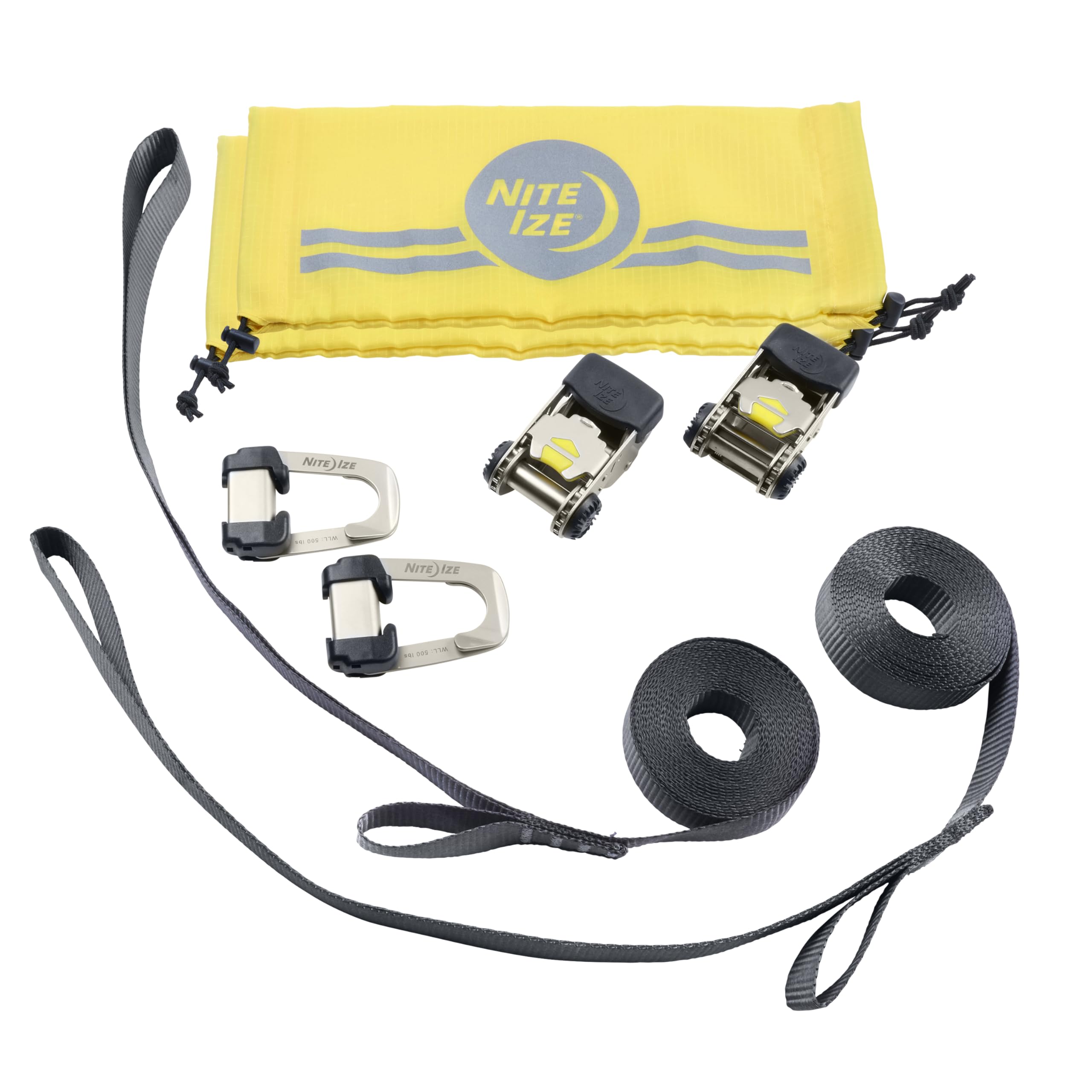 Nite Ize CamJam HookLock Ratchet Strap System - Adjustable, Heavy-Duty Tie Down Straps - Cargo Attachment with Spring-Actuated Hooks - Includes Ratchets, Hooks, Webbing & Storage - Small (2 Pack)