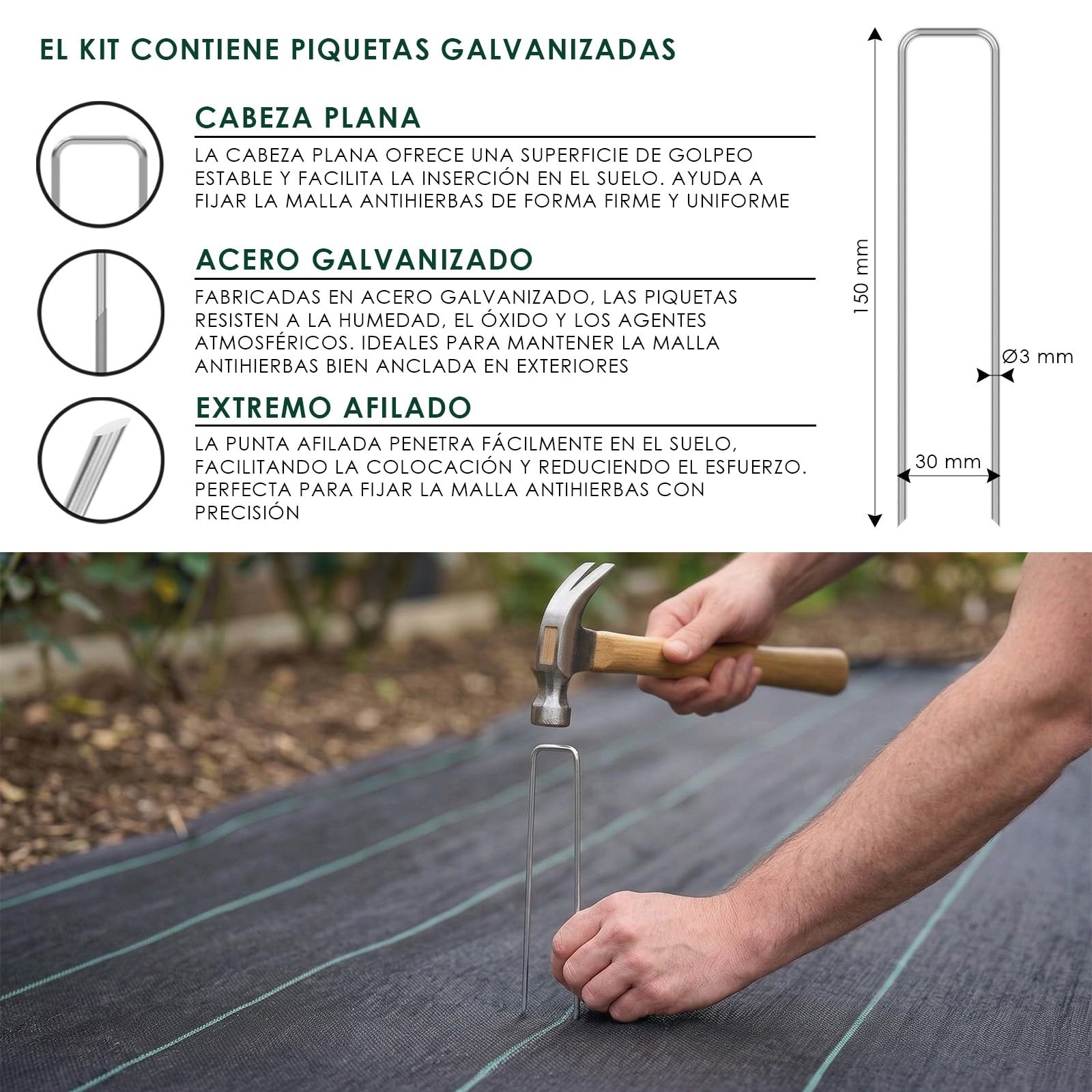 Malla antihierbas 100 g/m² con 20 clavos de jardín y arandelas [2 x 5 m]