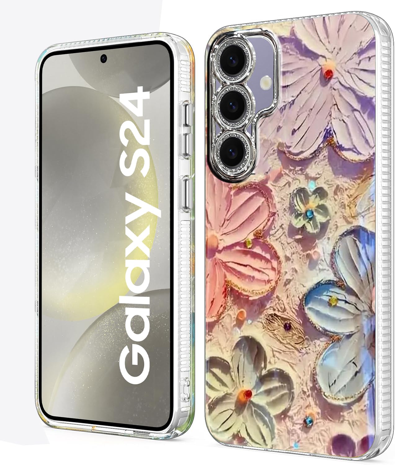 Elzzi Compatible with Samsung S24 5G Case Laser Flower Oil Painting Cute Colorful Blue Ray Bumper with Full Camera Protection Shockproof PC+TPU Glossy Shiny Cover for Girls Women, Pink