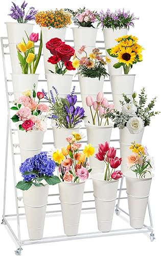 Soporte de exhibición de flores con 16 cubos estante de metal de 4 capas para floristería fresca estante de floristería de hierro forjado para patio