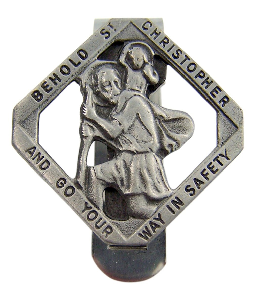 Fine Pewter Behold Saint Christopher and Go Your Way in Safety Auto Visor Clip, 1 1/2 Inch