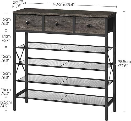 Miniatura 3 de Zapatero de 5 niveles, organizador de zapatos industrial independiente, mesa de consola con estantes de metal y 3 cajones de tela, para 20 pares de