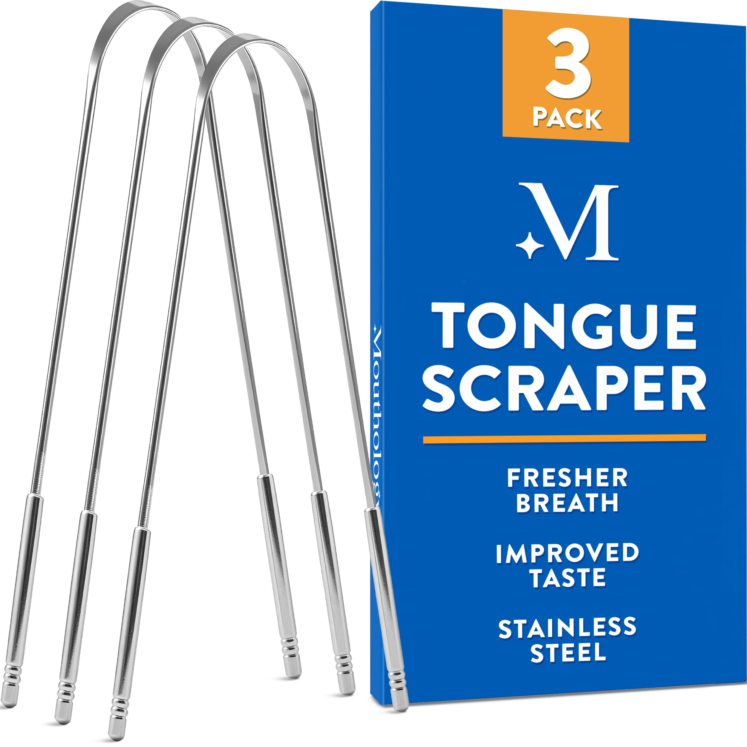 Mouthology Tongue Scraper, Stainless Steel Tongue Cleaners, Metal Tongue Scraper, Tongue Scraper for Adults - Fresher Breath in Seconds, Dual Handle (3 pack)