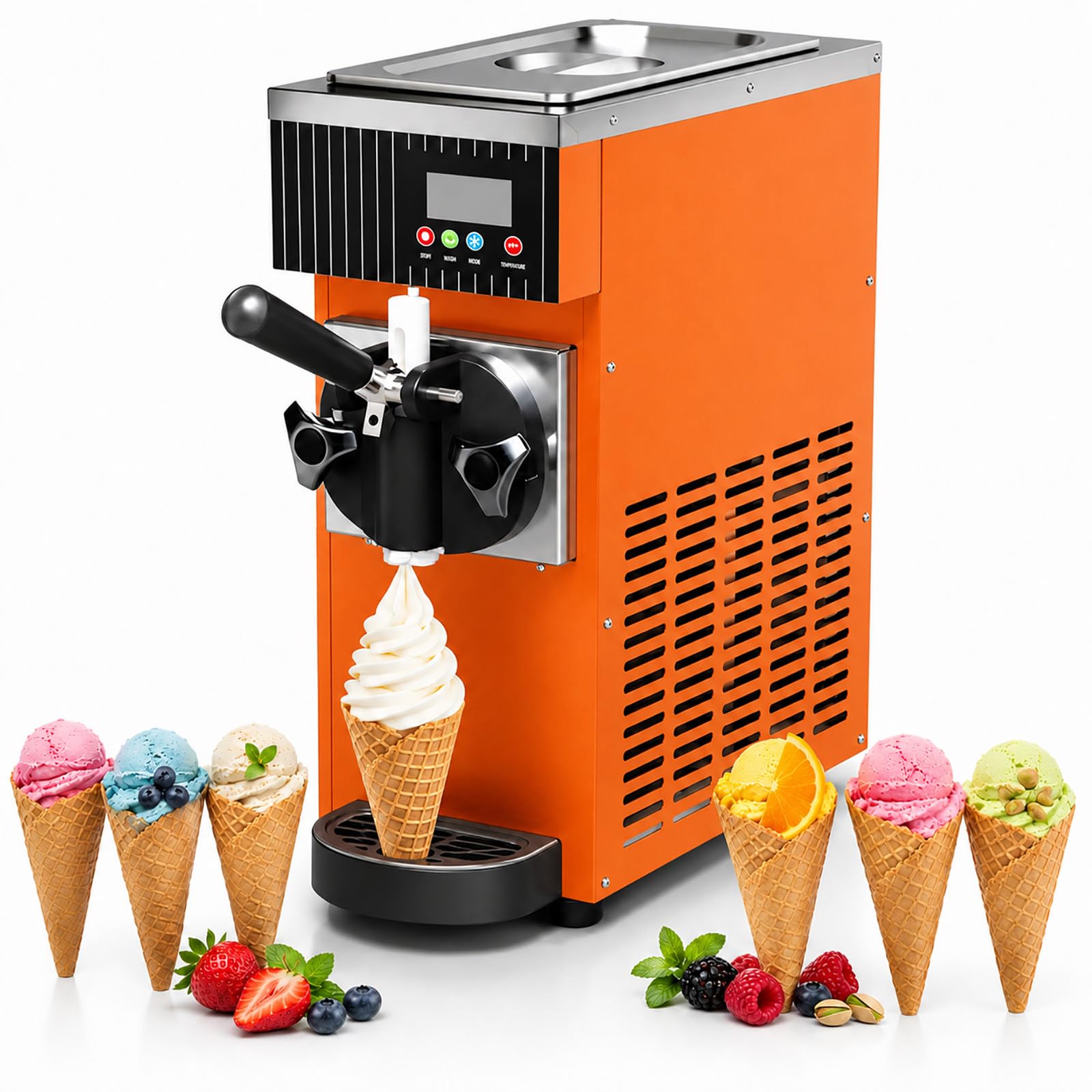 vnmudzeo Soft Serve Ice Cream Machine - Countertop Single Flavor Maker, 450W, 2.5L Hopper, 33.8oz Freezing Cylinder, Auto Clean for Snack Bars Orange