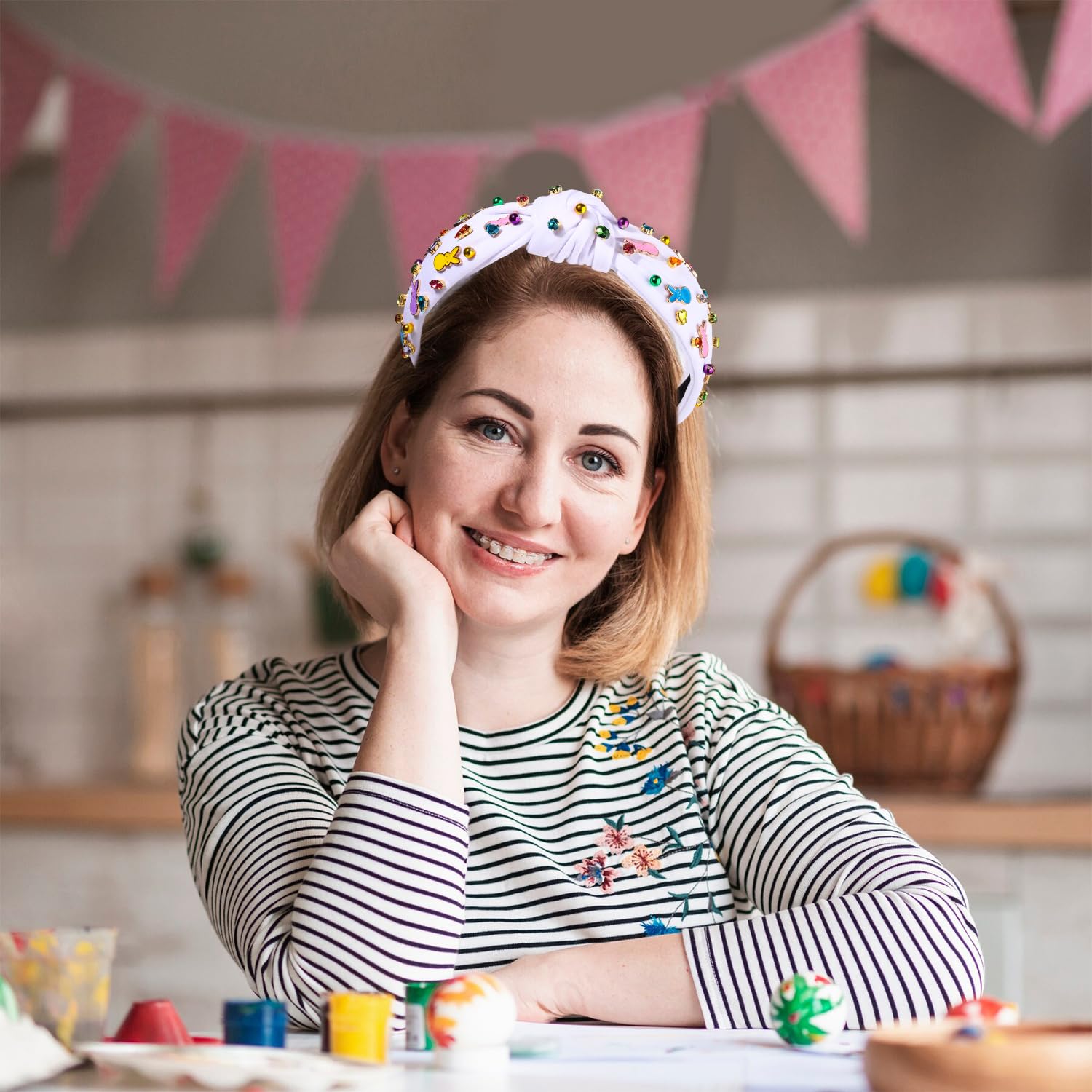 Easter Headbands for Women Beaded Carrot Rabbit Bunny Headbands Colorful Happy Easter Headband White Pink Rhinestone Jeweled Knotted Headband Spring Easter Hair Accessories Gifts (Bunny D) - Image 3