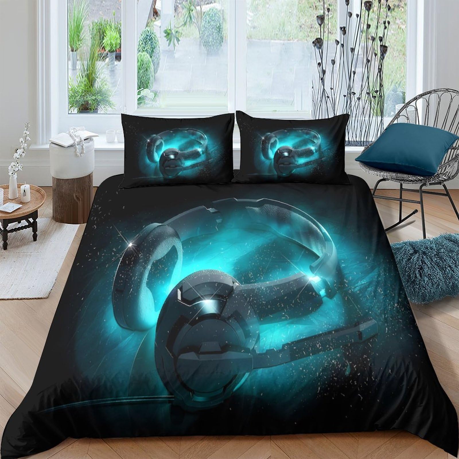 Ctjqhvkz Style-1 3D Printed Futuristic Robot Fitted Sheet Microfiber Soft Black Blue Neon Mattress Cover Bedroom Decor Single（135X200cm）