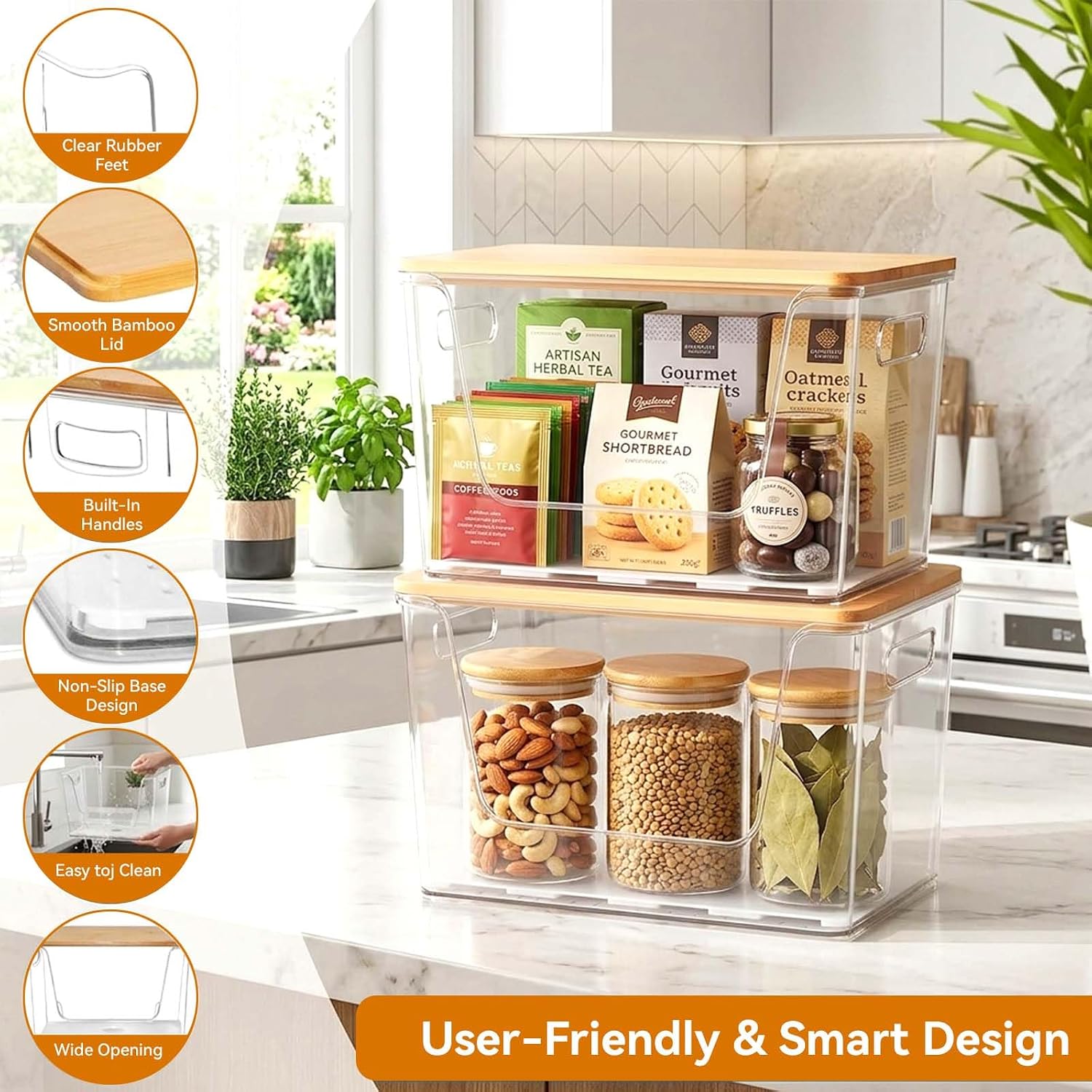 2 Pack Trash Bag Holder Dispenser with Bamboo Lid, Stackable Garbage Bag Organizer Under Sink, Clear Plastic Container for Kitchen,Pantry,Laundry Room Organization and Storage for 13/30/33 Gallon Bags
