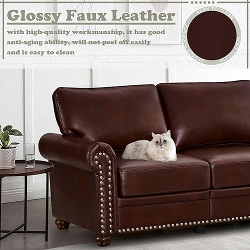 Miniatura 4 de Antetek Juego de sofá de piel sintética de 3 piezas, sillón moderno de mediados de siglo+sofá biplaza+sofá de 3 plazas con espacio de Marrón,Negro