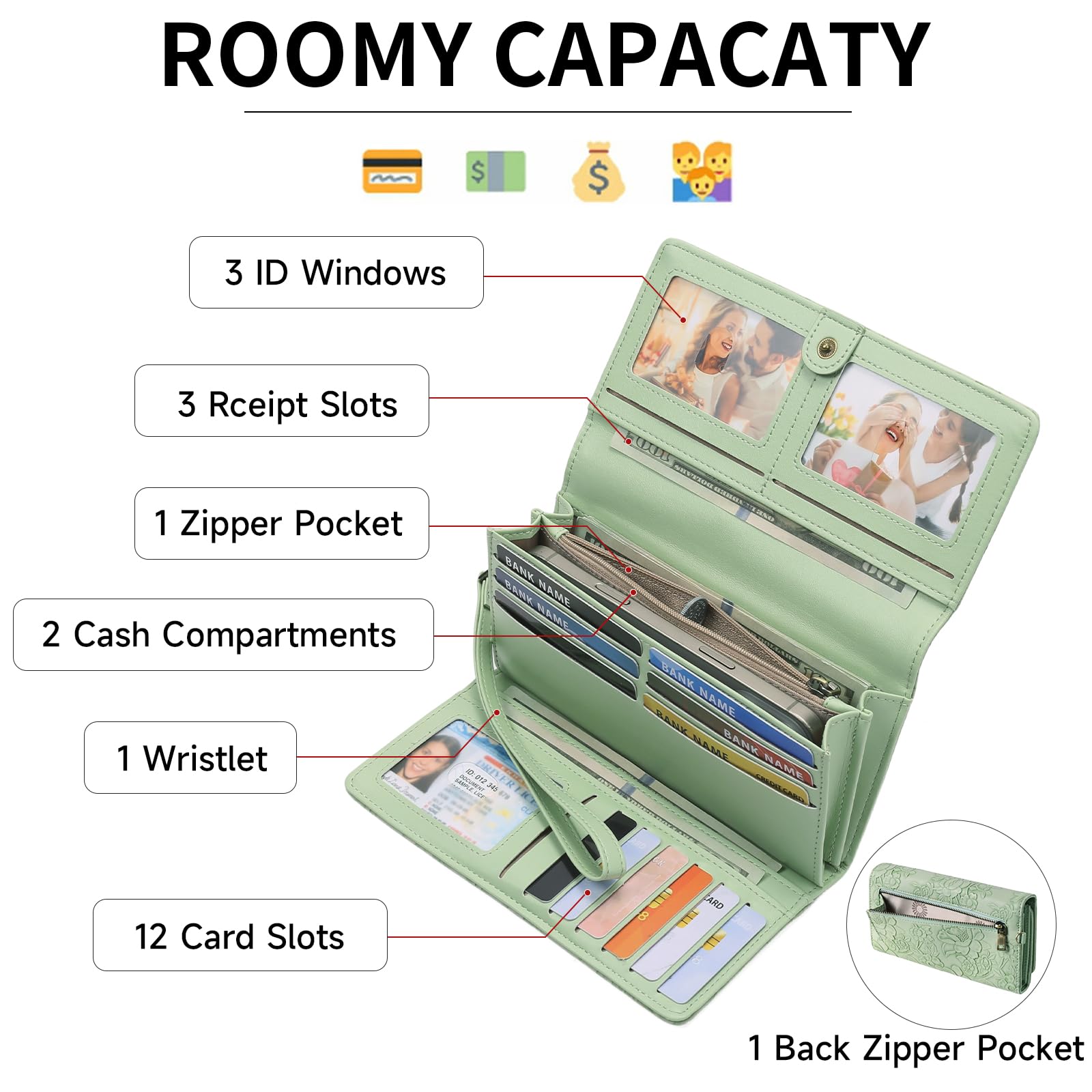 GAEKEAO Portafoglio Donna Grande con Stampa Floreale, Porta Carte in PU-Pelle, Portafogli Triplo con Polsino Rimovibile, Grande Capacità Pochette da Polso Donna con Protezione RFID, Clutch