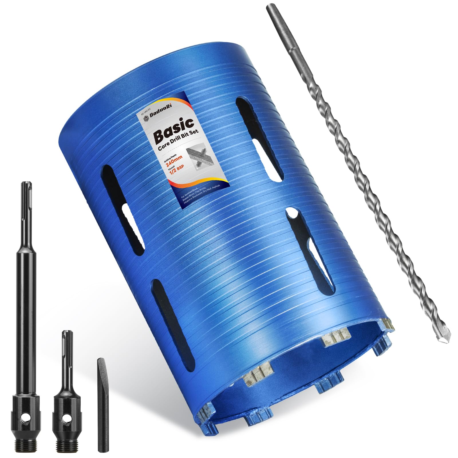 DaduoRi 162mm x 240mm Long Core Drill Bit Set with 240mm,110mm SDS Plus Adaptor & Centre Pilot Bit,Diamond Core Drill Set for Brick Block Masonry Stone,1/2 BSP Thread — image 1