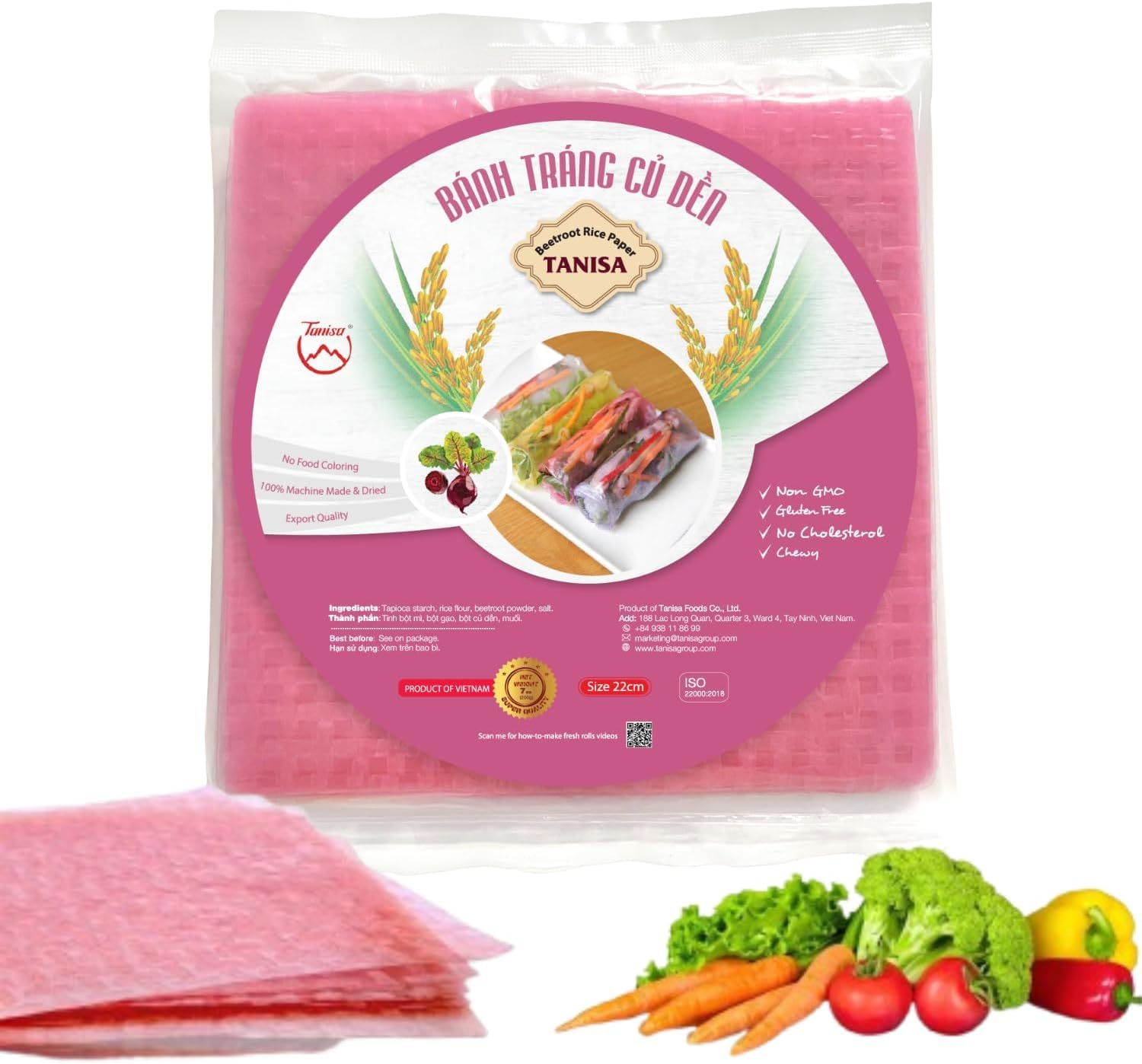Rice Paper Wrappers for Spring Rolls โ Square Beetroot Rice Paper Wrappers for Fresh Rolls โ Vietnamese Banh Trang Rice Paper - Banh Trang Goi Cuon, Natural Pink โ Gluten Free - 8.7 inch โ 7 oz