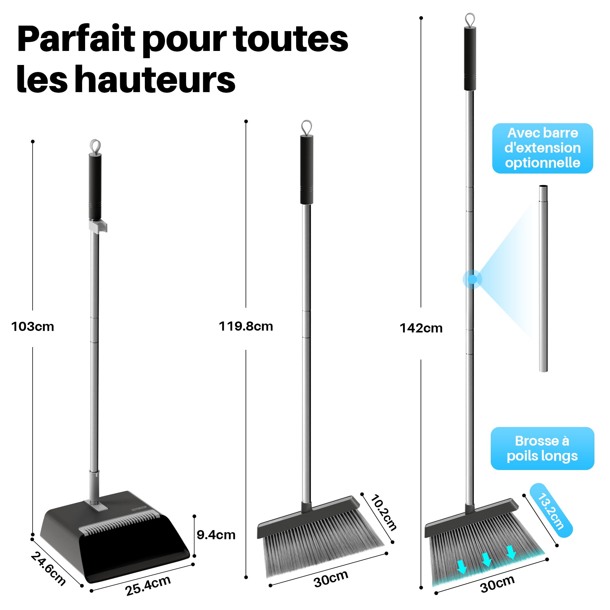 JOYMOOP Ensemble Balai et Pelle à poussière, Pelle et balayette Long Manche, Balai sans se baisser pour intérieur et extérieur, Noir et Gris