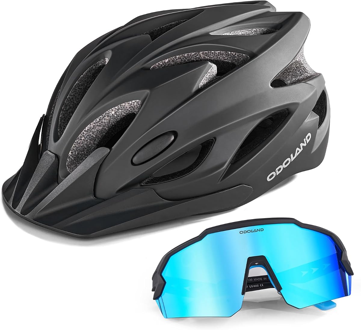 Odoland Casco de bicicleta para adultos con gafas de sol de ciclismo para hombres y mujeres | Casco de bicicleta con certificación de seguridad, gafas de protección UV, esfera ajustable para montaña, urbano, patinaje, carretera, desplazamientos urbanos