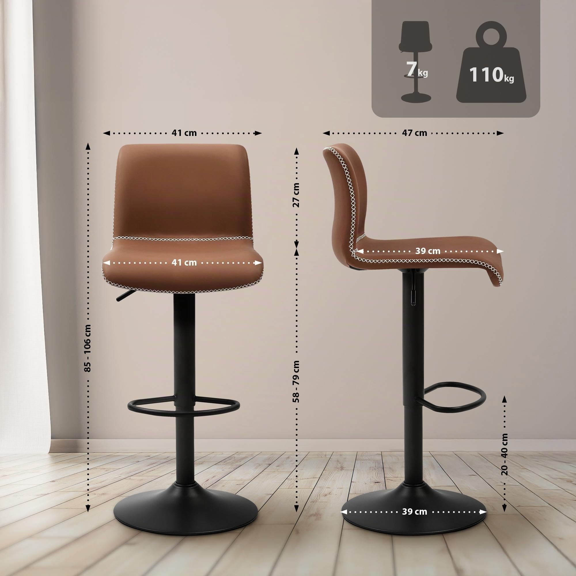 CLP Taburete de Bar Ajustable en Altura con Respaldo, Taburete Giratorio Henchy con Respaldo para Barra de Cocina, Color:marrón