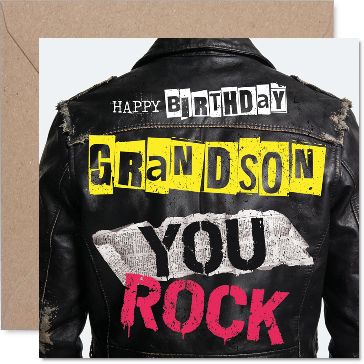 Playful Birthday Card for Grandson - Full of Birthday Attitude - Edgy Rock-inspired Leather Jacket Design with Bold Colours - 145mm Square, Envelope Included