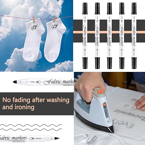 Miniatura 5 de Tinlade Marcadores de tela para ropa, marcadores de pintura de tela, kit de bolígrafos permanentes de doble tela, sin sangrar, bolígrafos de tela de