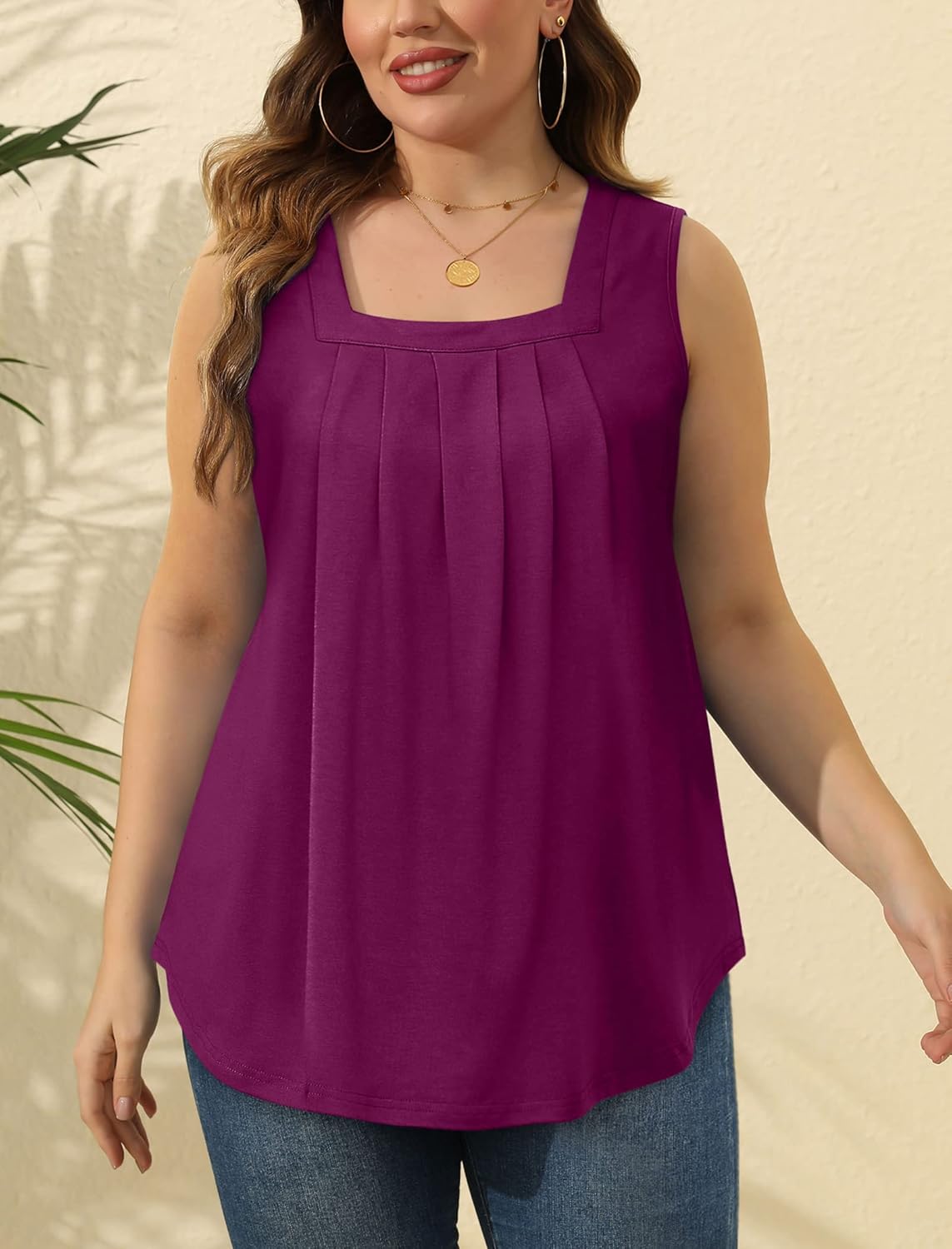 Saloogoe Summer Tank Tops for Women Loose Fit Pleated Square Neck Sleeveless Tops Curved Hem Flowy - Image 5